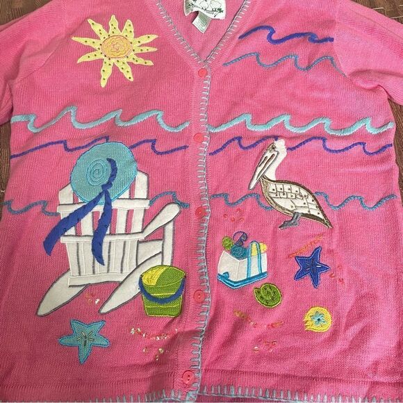 Quacker Factory Beach Ocean Lake Vacation Ugly Sweater Whimsical Quirky Cardigan - Picture 3 of 7